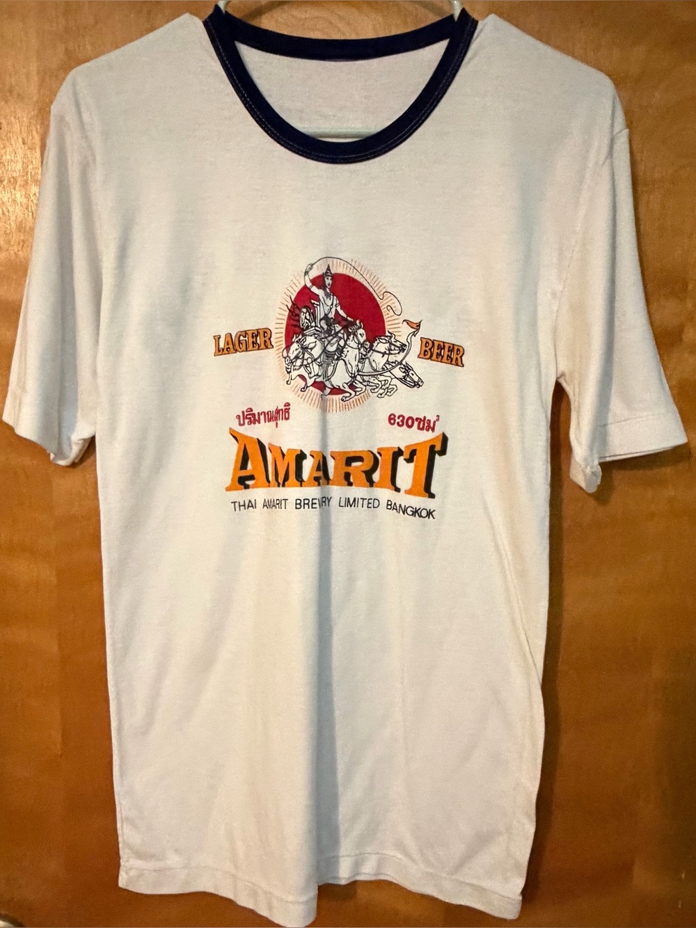 Vintage Beer Ad White Graphic Logo Ringer T-Shirt Mens M